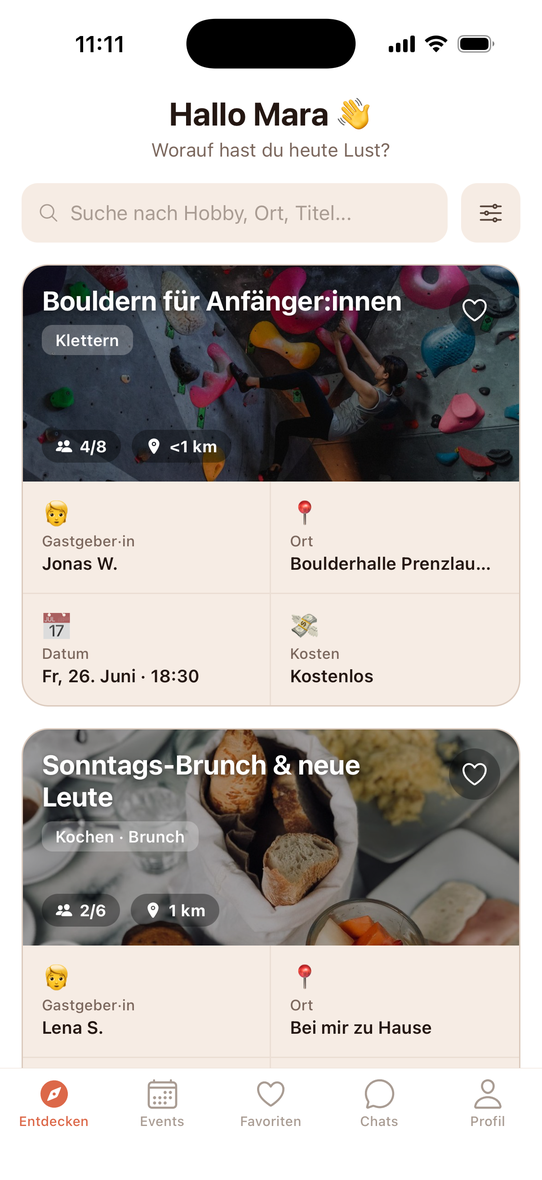Die Discover-Ansicht der Samble-App mit Events in der Nähe